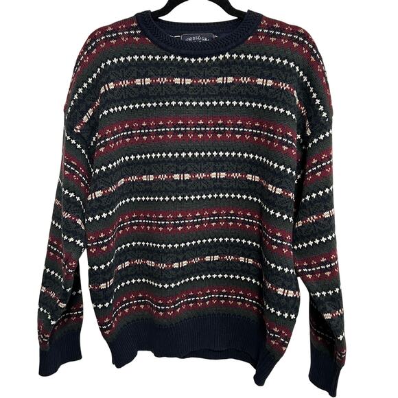 Vintage Woods & Gray Striped Knit Sweater XL Cottagecore Grandpa Navy Burgundy - Picture 2 of 9